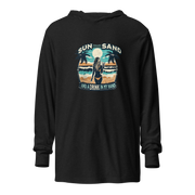 Lightweight hoodie with beach scene, woman holding cocktail, in 'Sun, Sand, and a Drink in My Hand' design.