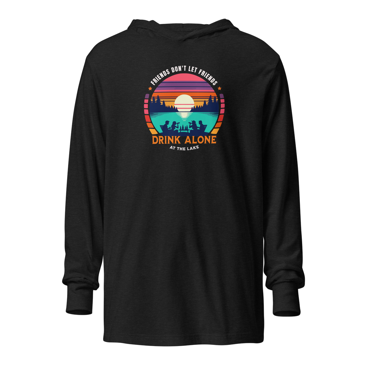 Lightweight hoodie depicting friends drinking by the lake under a retro sunset, perfect for cooler evenings.