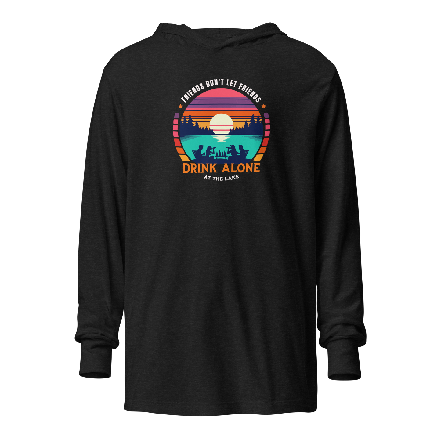 Lightweight hoodie depicting friends drinking by the lake under a retro sunset, perfect for cooler evenings.