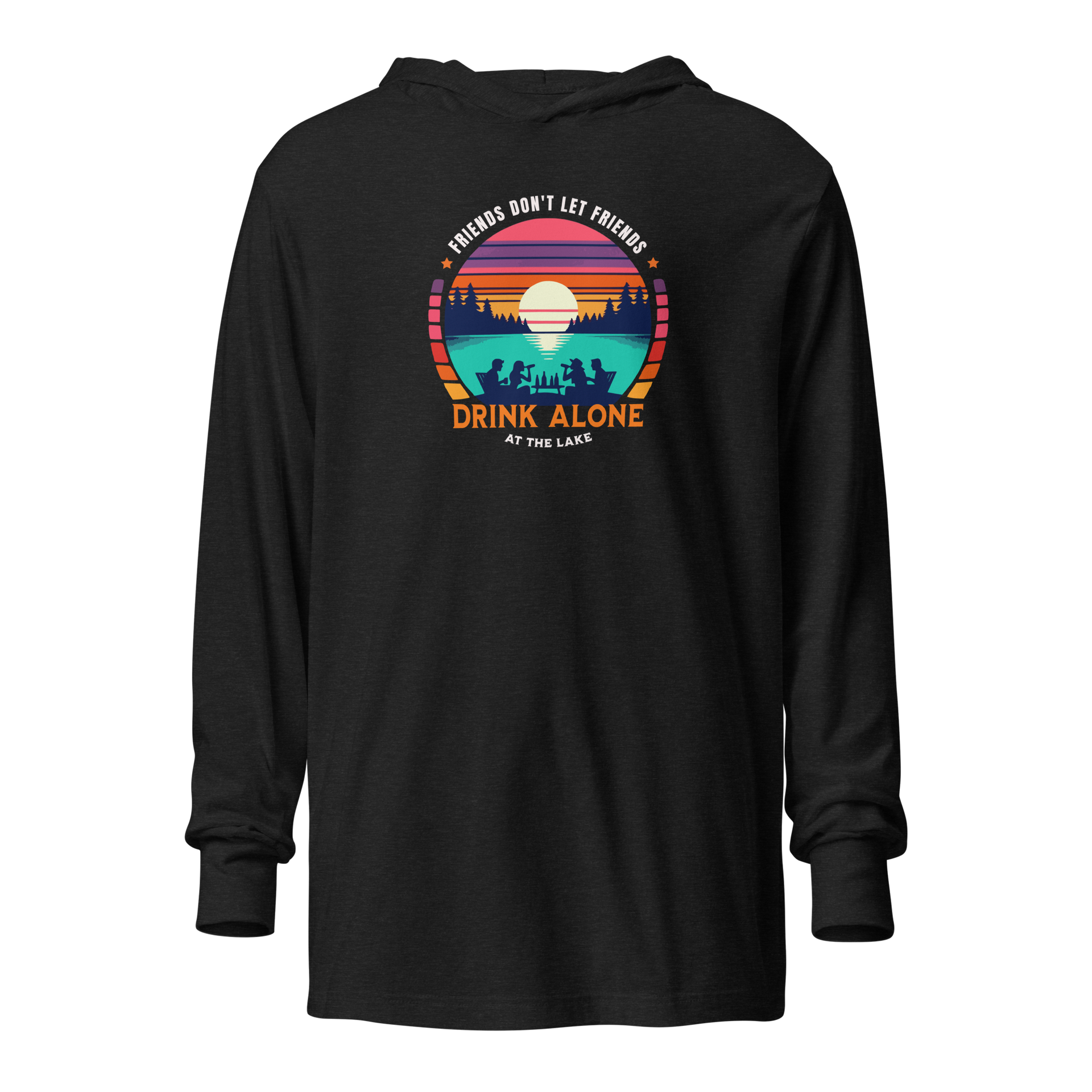 Lightweight hoodie depicting friends drinking by the lake under a retro sunset, perfect for cooler evenings.