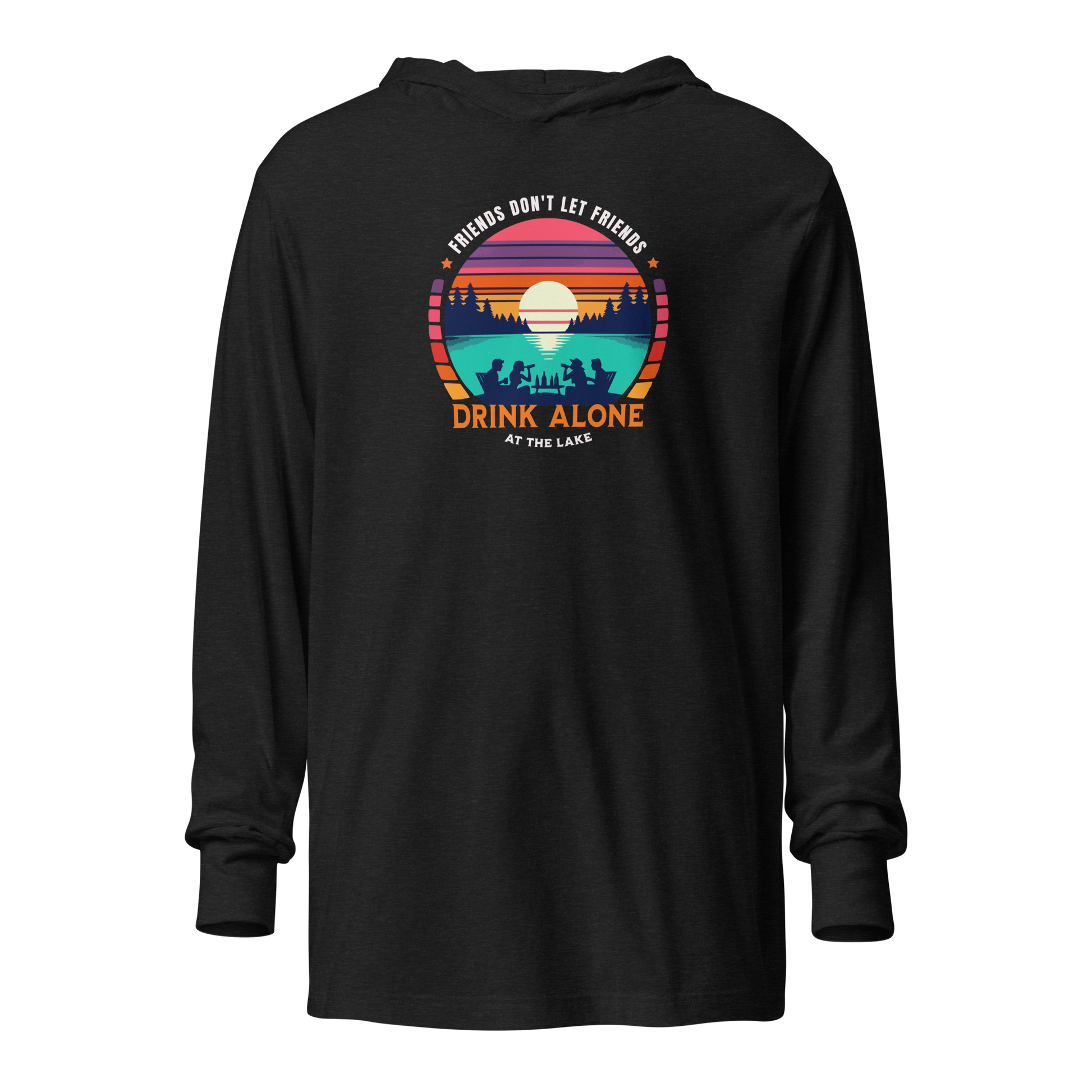 Lightweight hoodie depicting friends drinking by the lake under a retro sunset, perfect for cooler evenings.