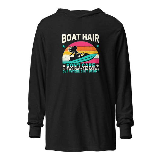 Lightweight hoodie with "Boar Hair Don't Care, But Where's My Drink?" and a woman on a jet ski, set against a retro sunset.