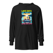 Lightweight hoodie with "Lake Days Are Made for Sipping and Dipping," featuring a woman on a tube float, lake and sunset.