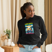 Lightweight hoodie with "Lake Days Are Made for Sipping and Dipping," featuring a woman on a tube float, lake and sunset.