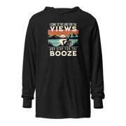 Lightweight hoodie featuring "I Come to the Lake for the Views and Stay for the Booze" with a man in a beach chair, lake, and retro sunset.