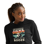 Lightweight hoodie featuring "I Come to the Lake for the Views and Stay for the Booze" with a man in a beach chair, lake, and retro sunset.