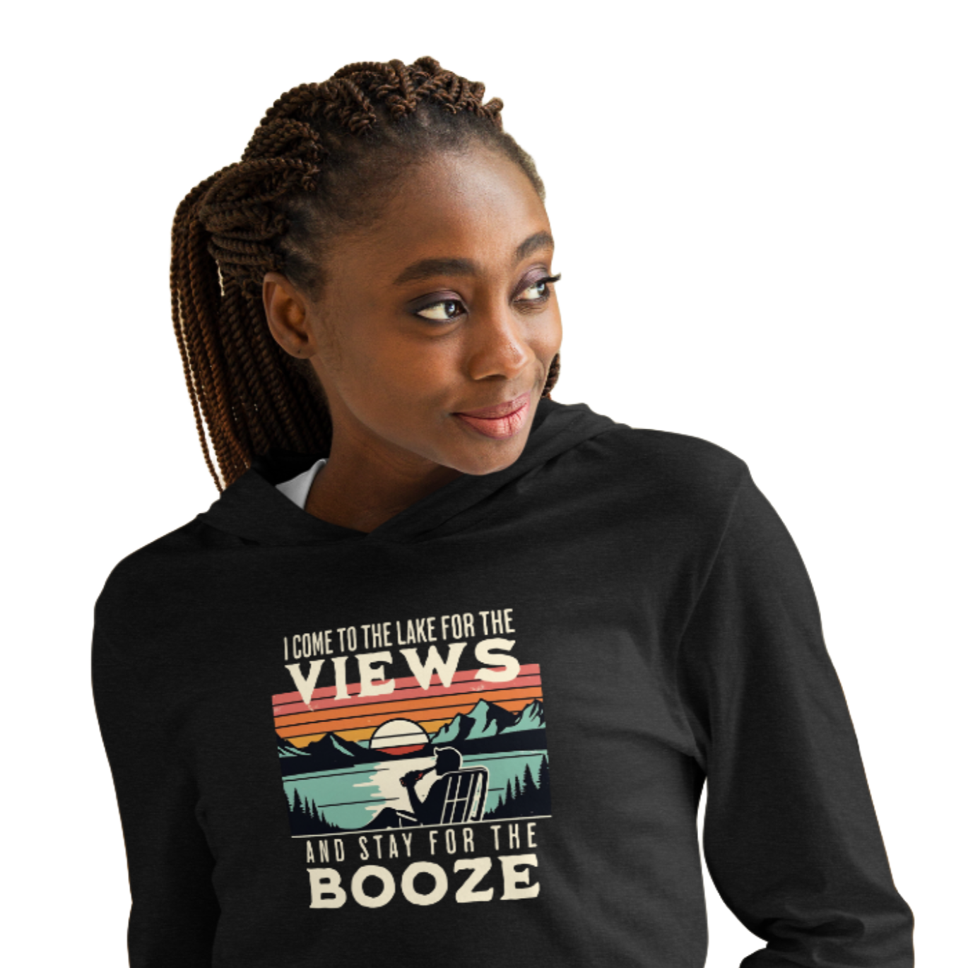 Lightweight hoodie featuring "I Come to the Lake for the Views and Stay for the Booze" with a man in a beach chair, lake, and retro sunset.