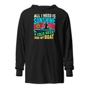 Lightweight hoodie featuring "All I Need Is Sunshine, a Cold Beer, and My Boat" with a retro sunset and a man in a boat.