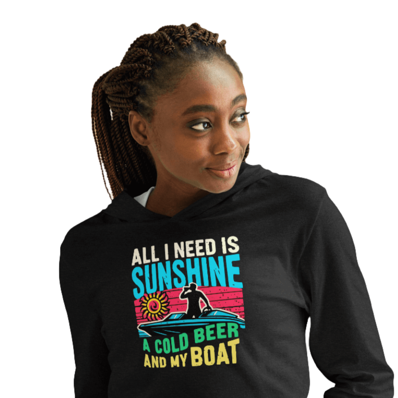 Lightweight hoodie featuring "All I Need Is Sunshine, a Cold Beer, and My Boat" with a retro sunset and a man in a boat.