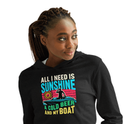 Lightweight hoodie featuring "All I Need Is Sunshine, a Cold Beer, and My Boat" with a retro sunset and a man in a boat.