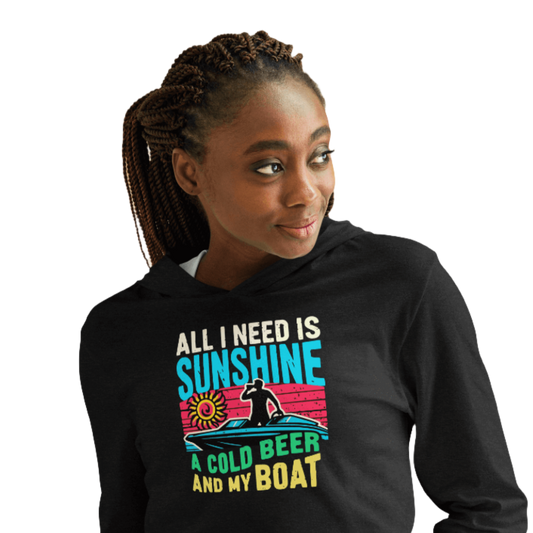 Lightweight hoodie featuring "All I Need Is Sunshine, a Cold Beer, and My Boat" with a retro sunset and a man in a boat.