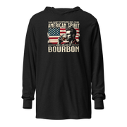 Lightweight hoodie with 'This Shirt Contains 100% American Spirit and a Splash of Bourbon' text, man drinking a glass of bourbon, and distressed American flag background.