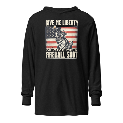 Lightweight hoodie with 'Give Me Liberty or Give Me a Fireball Shot' text, Statue of Liberty holding a shot glass, and distressed American flag background. Perfect for 4th of July."