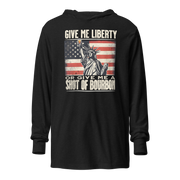 Lightweight hoodie with Give Me Liberty or Give Me a Shot of Bourbon text, Statue of Liberty holding a shot glass, and distressed American flag background. Perfect for 4th of July.