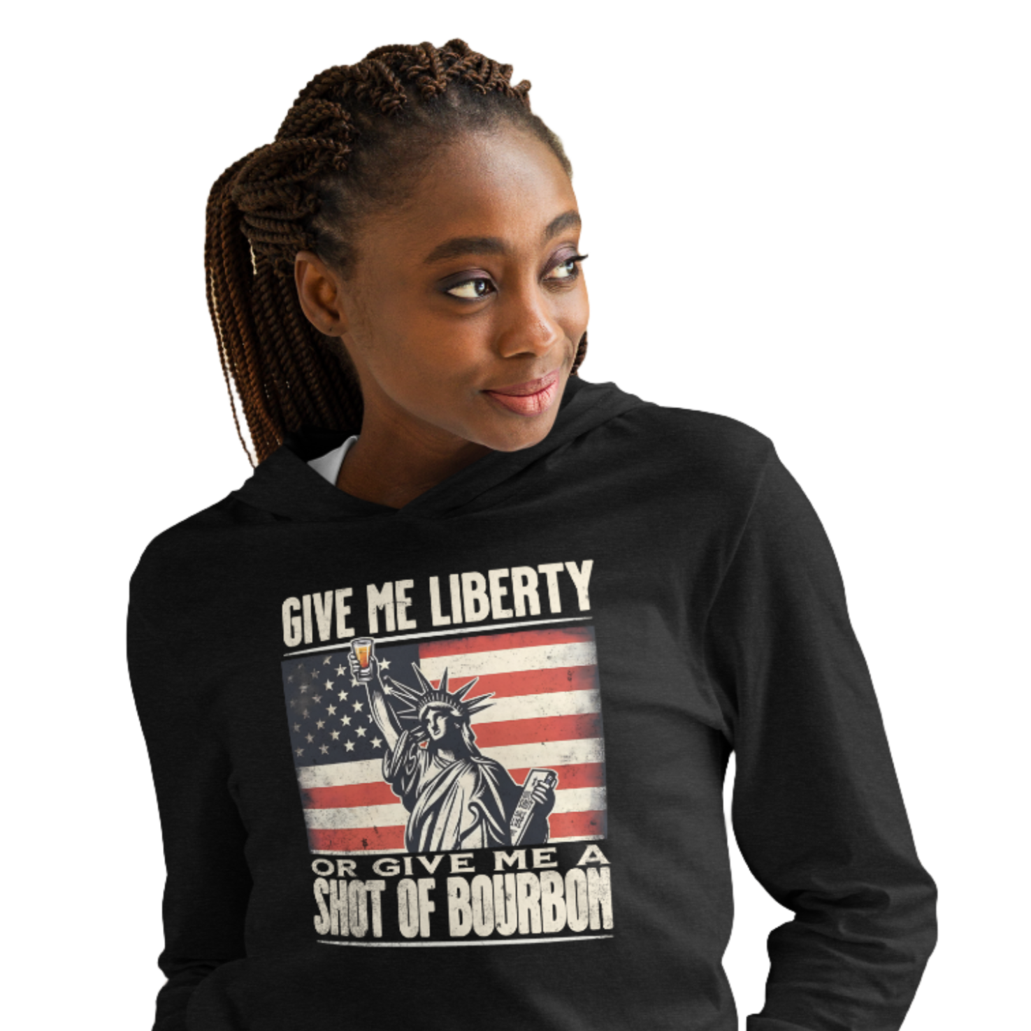 Lightweight hoodie with Give Me Liberty or Give Me a Shot of Bourbon text, Statue of Liberty holding a shot glass, and distressed American flag background. Perfect for 4th of July.