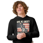 Lightweight hoodie with Give Me Liberty or Give Me a Shot of Bourbon text, Statue of Liberty holding a shot glass, and distressed American flag background. Perfect for 4th of July.