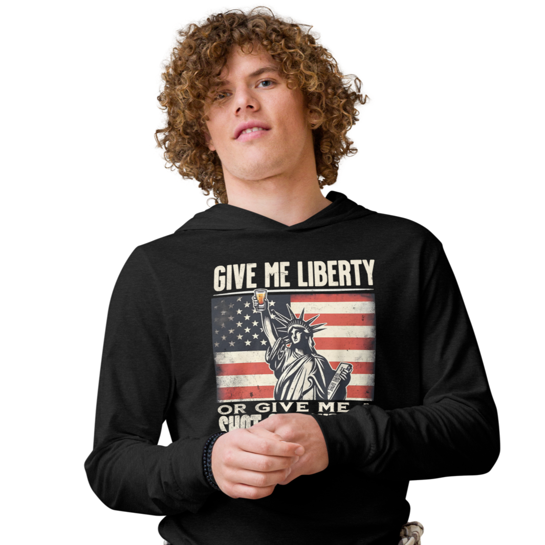 Lightweight hoodie with Give Me Liberty or Give Me a Shot of Bourbon text, Statue of Liberty holding a shot glass, and distressed American flag background. Perfect for 4th of July.