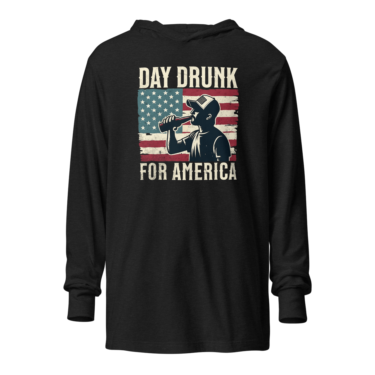 Lightweight hoodie with Day Drunk for America text, silhouette of a man drinking a bottle of beer, and distressed American flag background. Perfect for 4th of July.