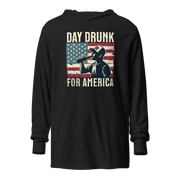 Lightweight hoodie with Day Drunk for America text, silhouette of a man drinking a bottle of beer, and distressed American flag background. Perfect for 4th of July.