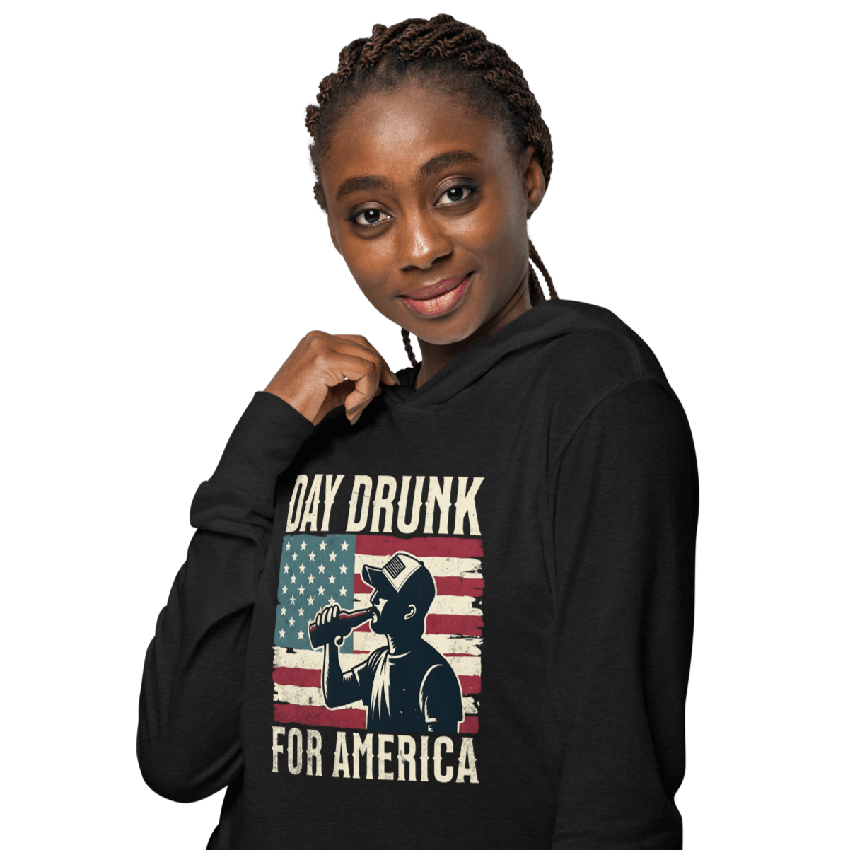 Lightweight hoodie with Day Drunk for America text, silhouette of a man drinking a bottle of beer, and distressed American flag background. Perfect for 4th of July.