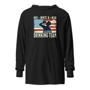 Lightweight hoodie with Red White and Blue Drinking Team text, man drinking beer, and distressed American flag background. Perfect for 4th of July.