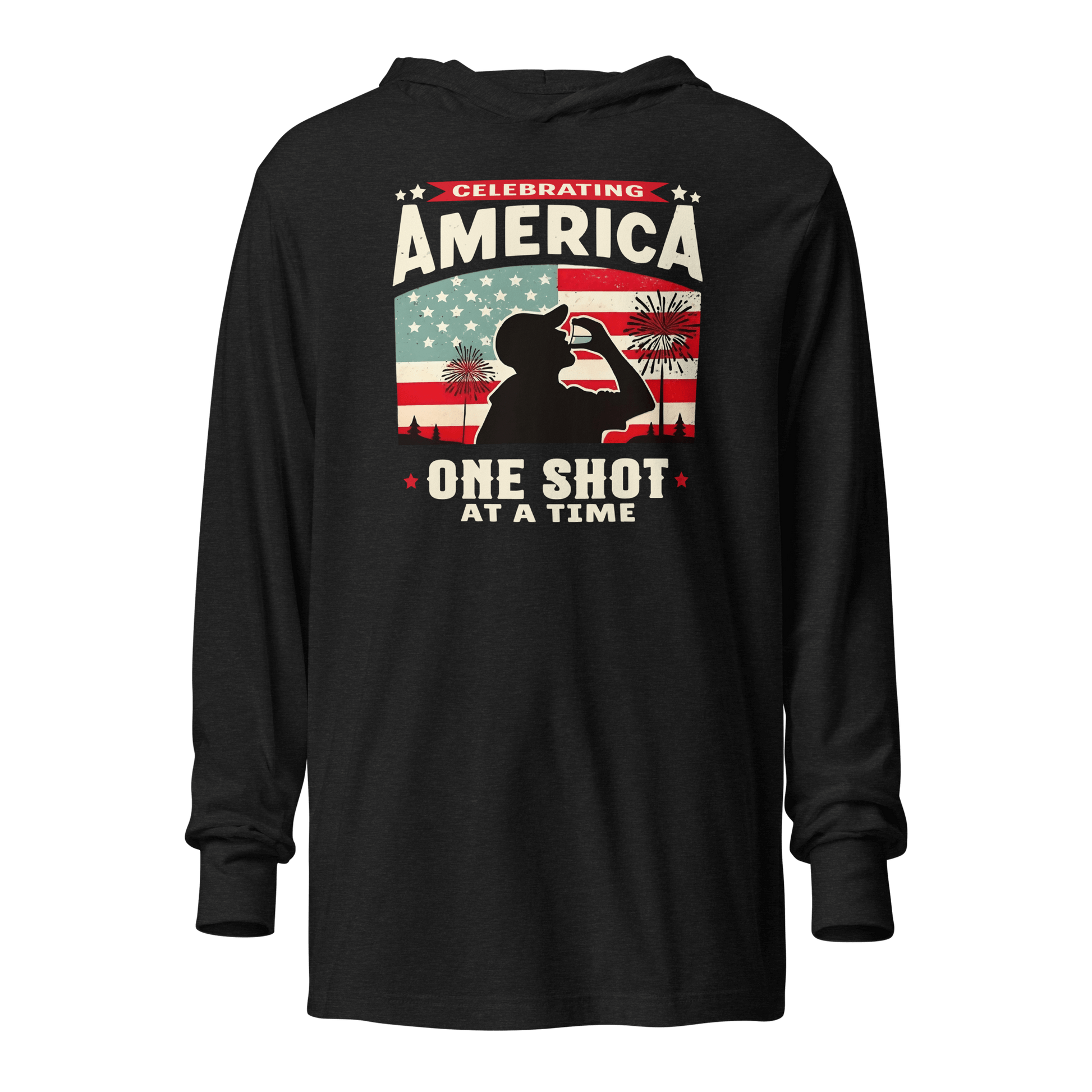 Lightweight hoodie with Celebrating America One Shot at a Time text, silhouette of a man drinking a shot, and distressed American flag background. Perfect for 4th of July.