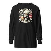 Lightweight hoodie with Let's Get This Party Founded text, George Washington drinking a beer, and distressed American flag background. Perfect for 4th of July.