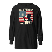 Lightweight hoodie with Full of Patriotism and Beer text and a distressed American flag background. Perfect for 4th of July.