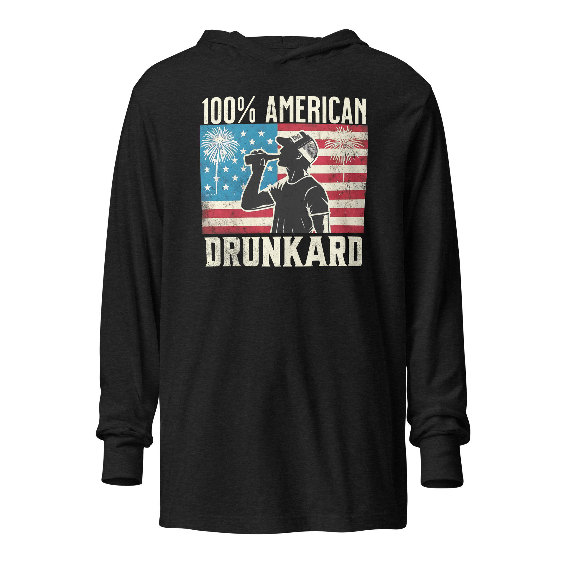 Get ready for the 4th of July with our lightweight '100% American Drunkard' hoodie. Perfect for BBQs and celebrations, it mixes comfort with patriotic fun.