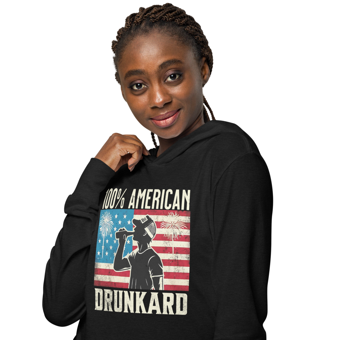 Get ready for the 4th of July with our lightweight '100% American Drunkard' hoodie. Perfect for BBQs and celebrations, it mixes comfort with patriotic fun.