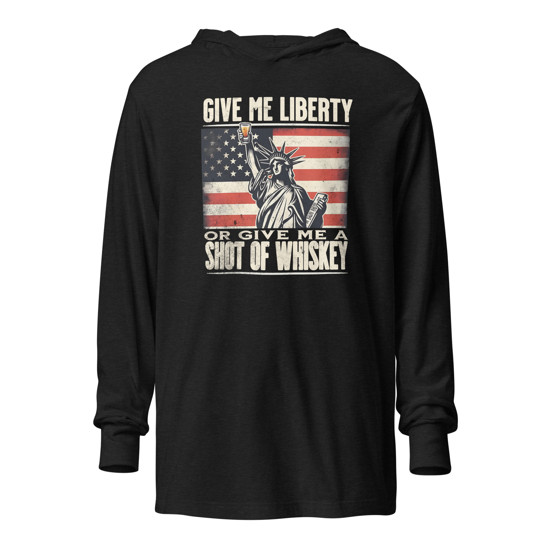 Rock your 4th of July in our lightweight hoodie with the Statue of Liberty & whiskey design. Perfect for celebrating in style and comfort.