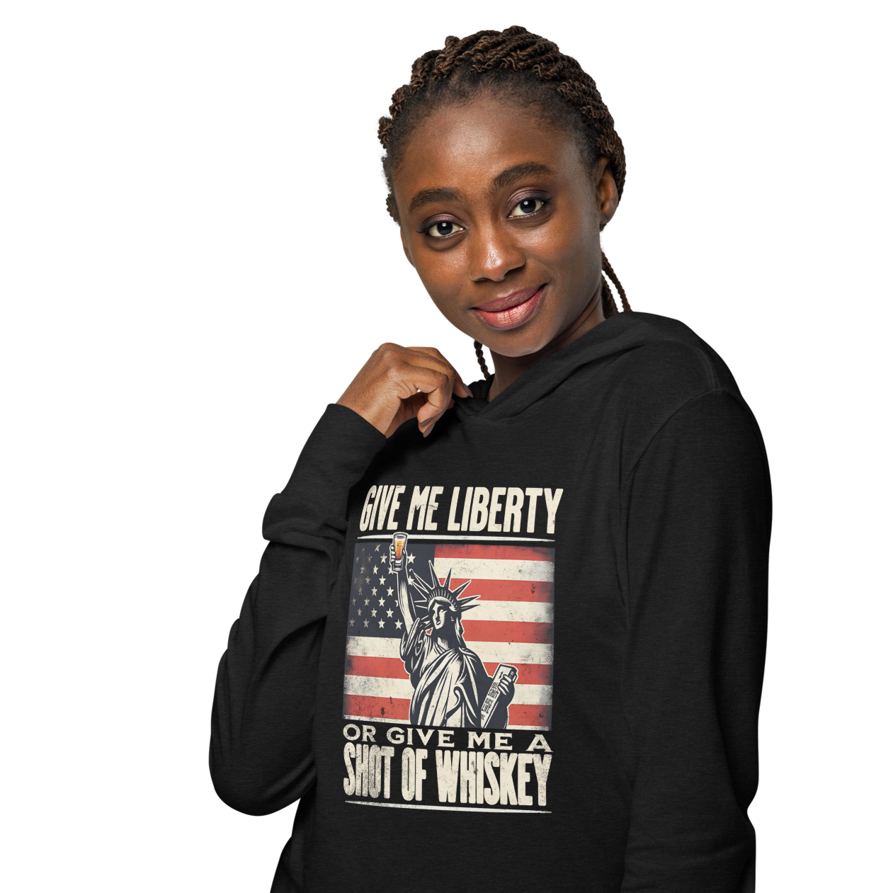 Rock your 4th of July in our lightweight hoodie with the Statue of Liberty & whiskey design. Perfect for celebrating in style and comfort.