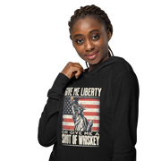 Rock your 4th of July in our lightweight hoodie with the Statue of Liberty & whiskey design. Perfect for celebrating in style and comfort.