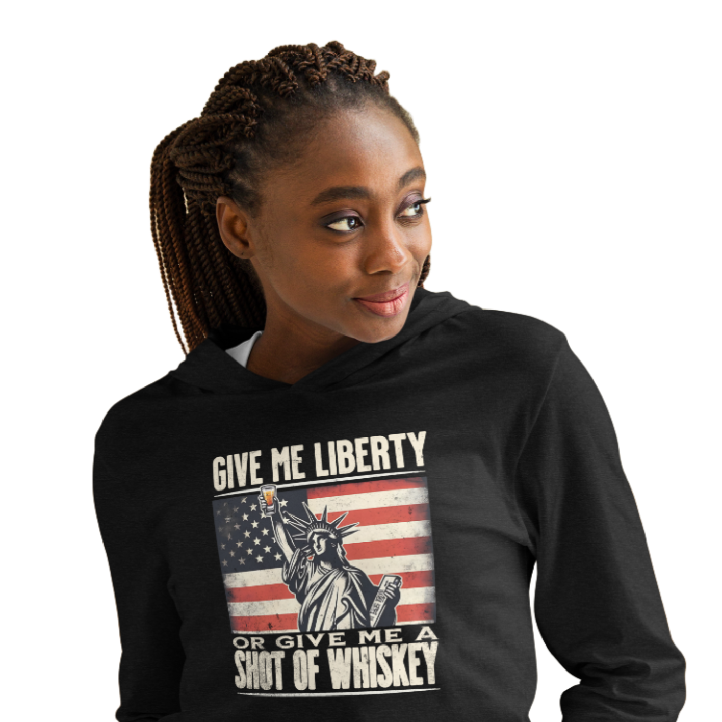 Rock your 4th of July in our lightweight hoodie with the Statue of Liberty & whiskey design. Perfect for celebrating in style and comfort.