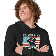 Lightweight hoodie with Red White and Blue Drinking Team text, man drinking beer, and distressed American flag background. Perfect for 4th of July.