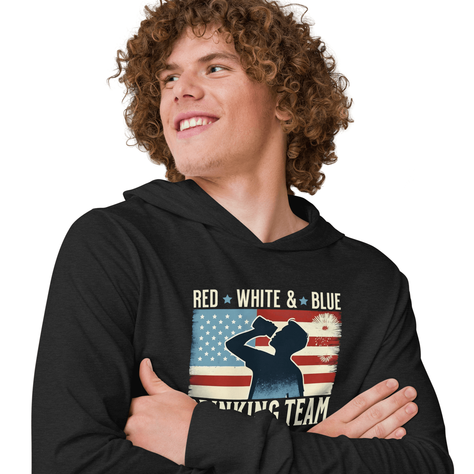 Lightweight hoodie with Red White and Blue Drinking Team text, man drinking beer, and distressed American flag background. Perfect for 4th of July.