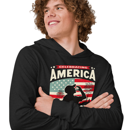 Lightweight hoodie with Celebrating America One Shot at a Time text, silhouette of a man drinking a shot, and distressed American flag background. Perfect for 4th of July.