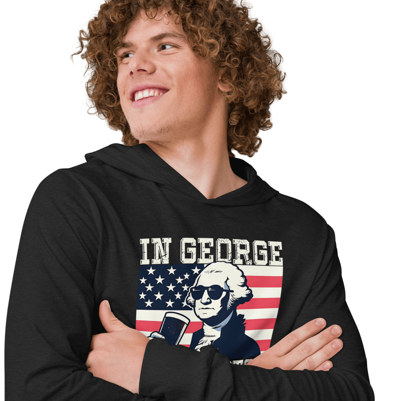 Celebrate with style in our In George Sloshington We Trust 4th of July hoodie! Perfect for cool nights & patriotic parties. Light & comfy with a unique design.