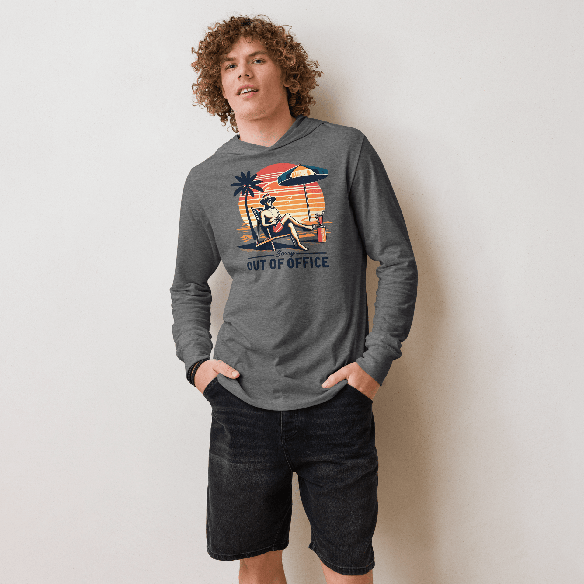 Lightweight hoodie with a retro design of a man in a beach chair with a cocktail, embodying the 'Sorry, Out of Office' message.