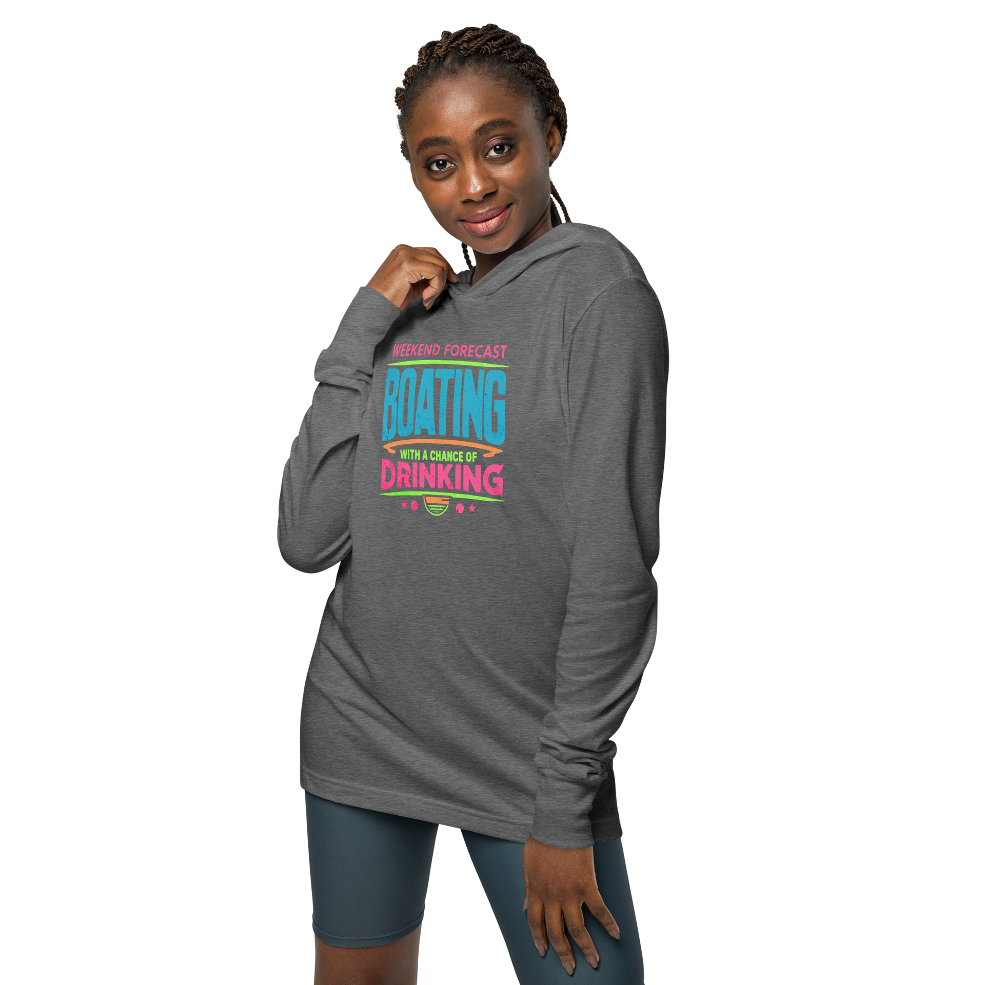 Lightweight hoodie with "Weekend Forecast: Boating with a Chance of Drinking" in bright text colors, ideal for summer evenings.