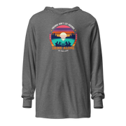 Lightweight hoodie depicting friends drinking by the lake under a retro sunset, perfect for cooler evenings.