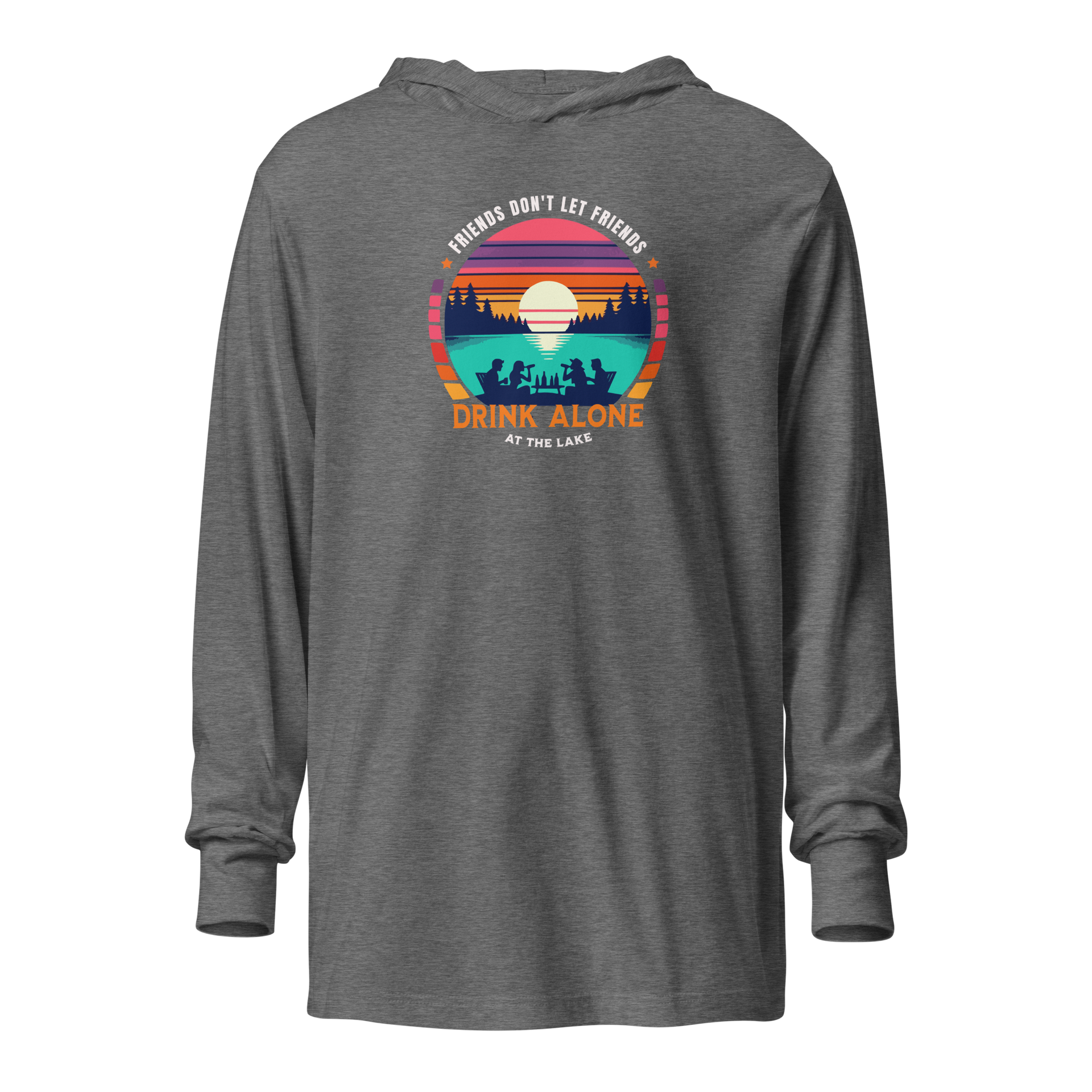 Lightweight hoodie depicting friends drinking by the lake under a retro sunset, perfect for cooler evenings.