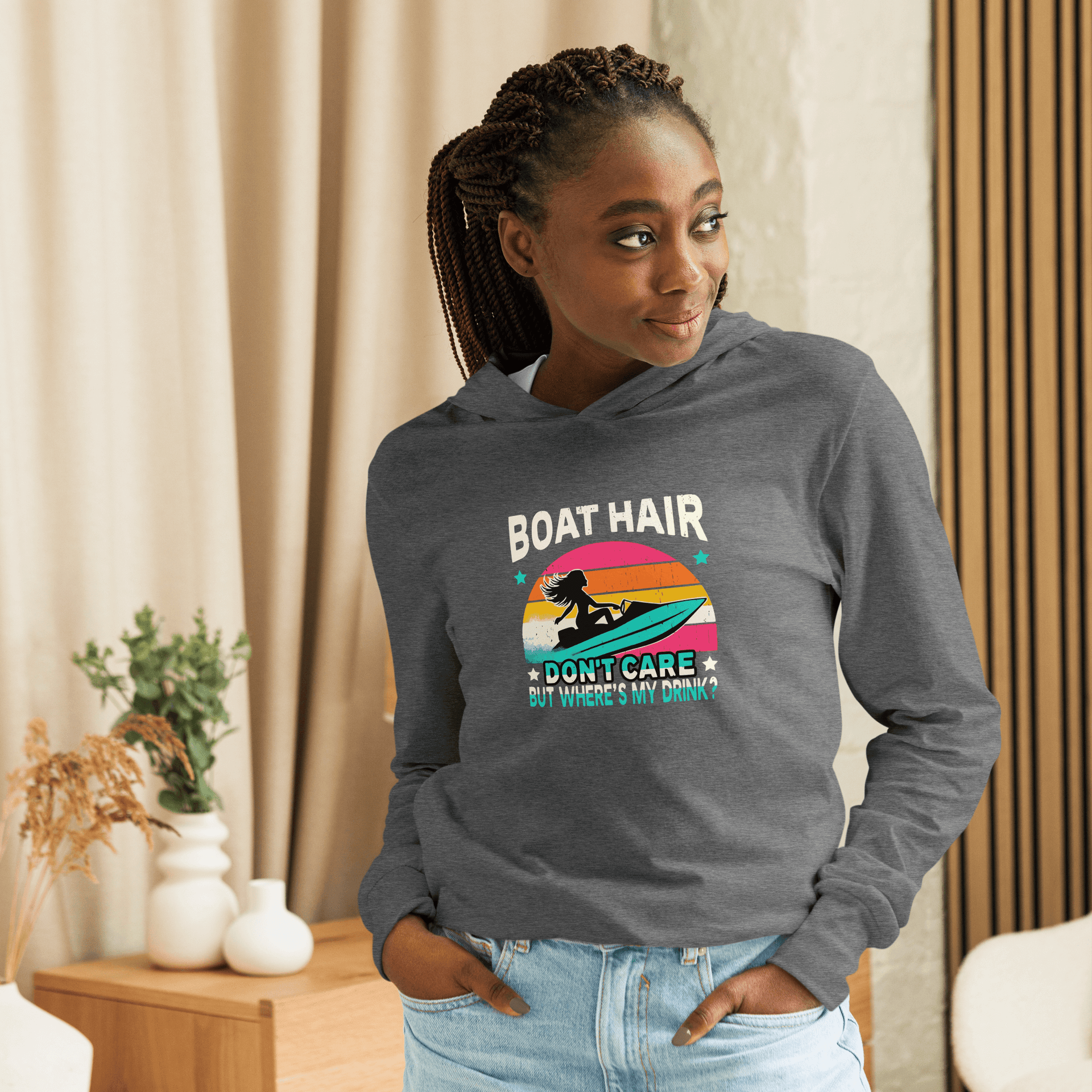 Lightweight hoodie with "Boar Hair Don't Care, But Where's My Drink?" and a woman on a jet ski, set against a retro sunset.