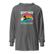 Lightweight hoodie with "Boar Hair Don't Care, But Where's My Drink?" and a woman on a jet ski, set against a retro sunset.