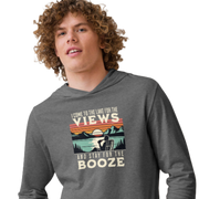 Lightweight hoodie featuring "I Come to the Lake for the Views and Stay for the Booze" with a man in a beach chair, lake, and retro sunset.