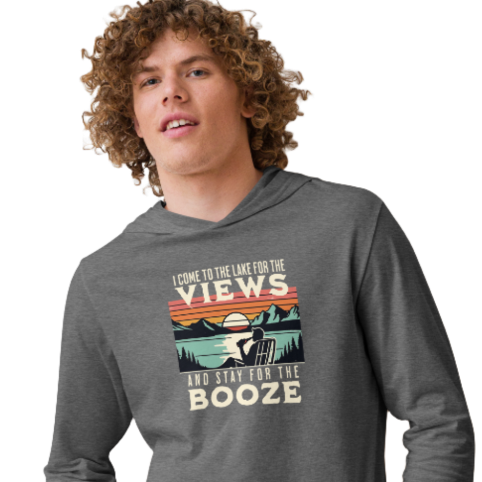 Lightweight hoodie featuring "I Come to the Lake for the Views and Stay for the Booze" with a man in a beach chair, lake, and retro sunset.