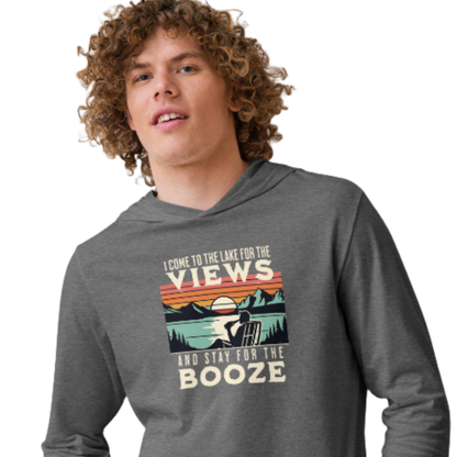 Lightweight hoodie featuring "I Come to the Lake for the Views and Stay for the Booze" with a man in a beach chair, lake, and retro sunset.