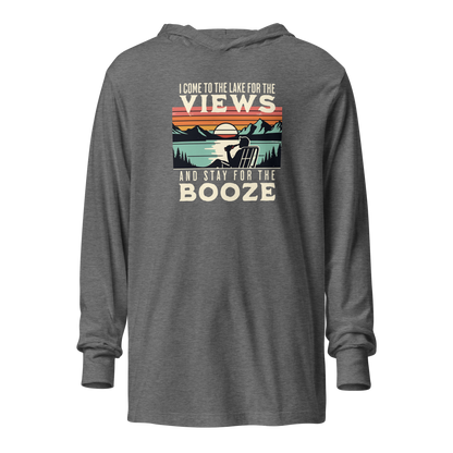 Lightweight hoodie featuring "I Come to the Lake for the Views and Stay for the Booze" with a man in a beach chair, lake, and retro sunset.