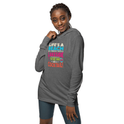 Lightweight hoodie with the phrase "Life's a Beach but I Prefer It with a Lakeside View and a Cocktail" in vibrant colors.