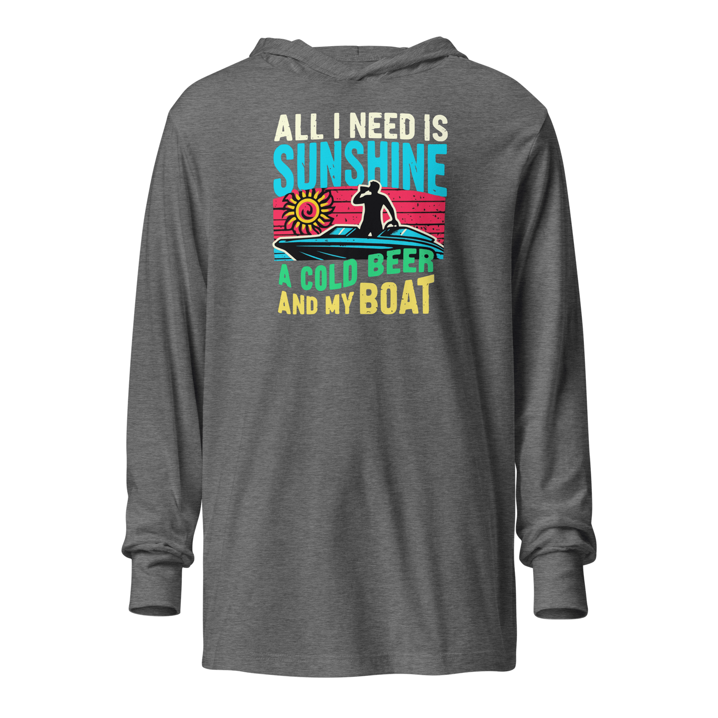 Lightweight hoodie featuring "All I Need Is Sunshine, a Cold Beer, and My Boat" with a retro sunset and a man in a boat.